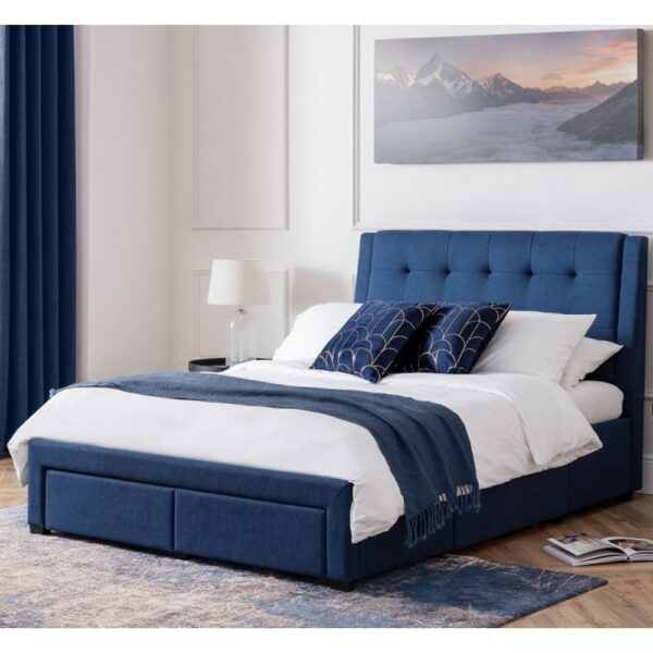 Fauna Fabric Double Bed With 4 Drawers In Blue