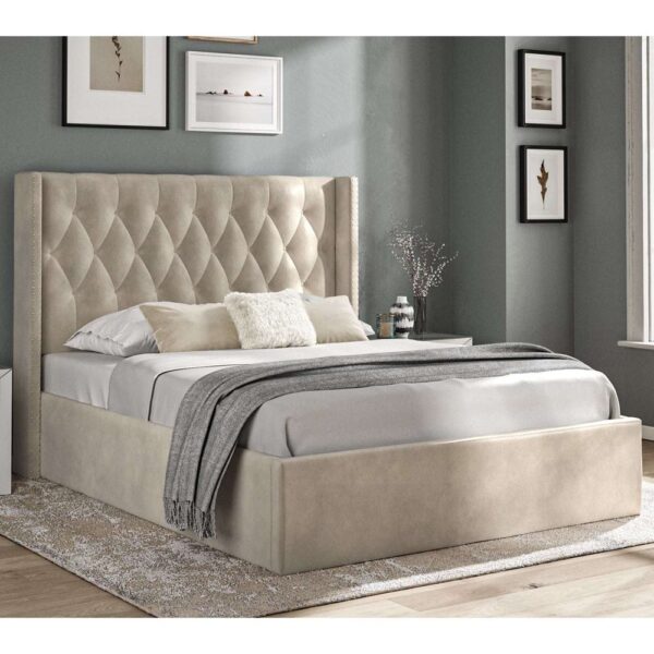 Arvada Fabric Storage Ottoman Double Bed In Beige