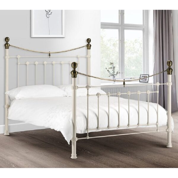 Vale Metal King Size Bed In Stone White And Brass