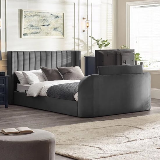 Celina Fabric Side Lift Ottoman Double TV Bed In Dark Grey